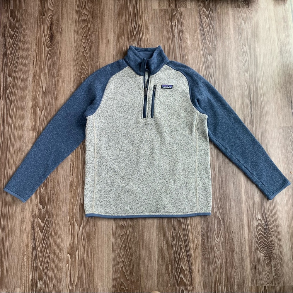 Patagonia Mens Medium Better Sweater 1/4 Zip Pullover Chest Pocket Blue Gray Tan